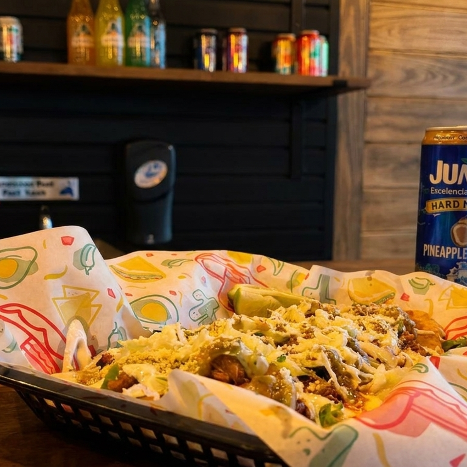 A basket of tacos with a lime wedge and a Jumex pineapple coconut drink on a wooden table.