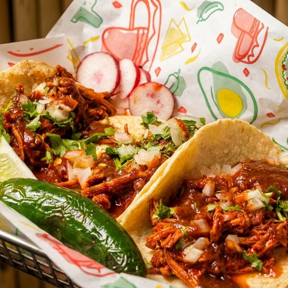Two birria tacos with cilantro, onions, lime, radish, and a jalapeño in a basket.
