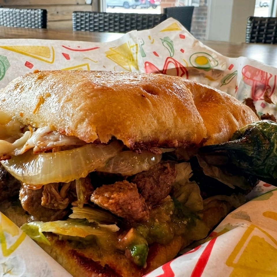 A large torta sandwich with meat, onions, and avocado, served in colorful paper.